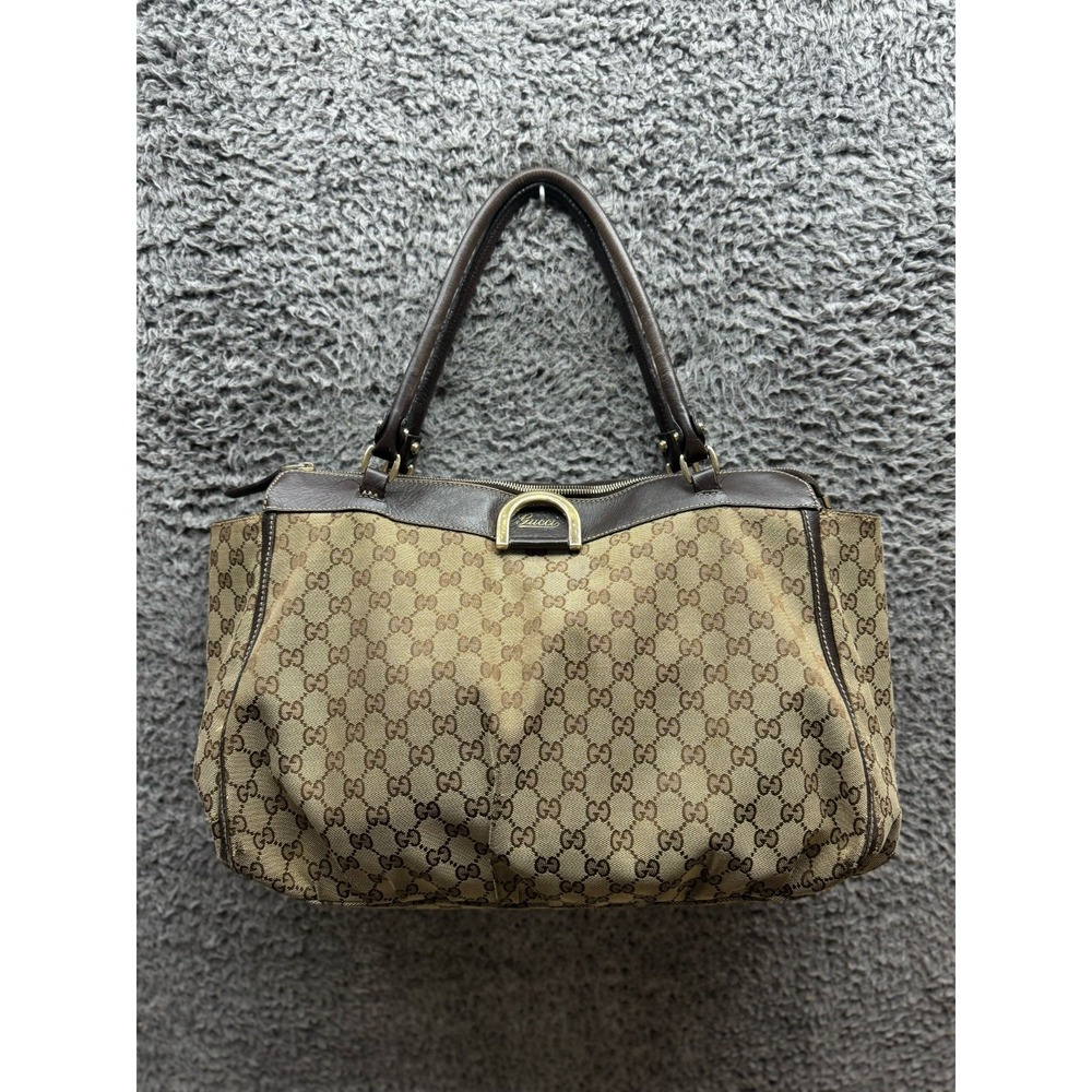 Gucci Monogram D Gold‎ Canvas Tote Bag Dark Brown w/ Leather Trim